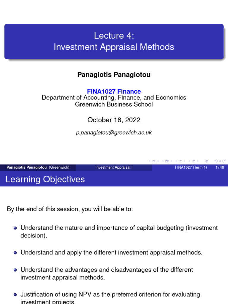 FINA1027 Lecture 4 Investment Appraisal I | PDF | Capital Budgeting ...