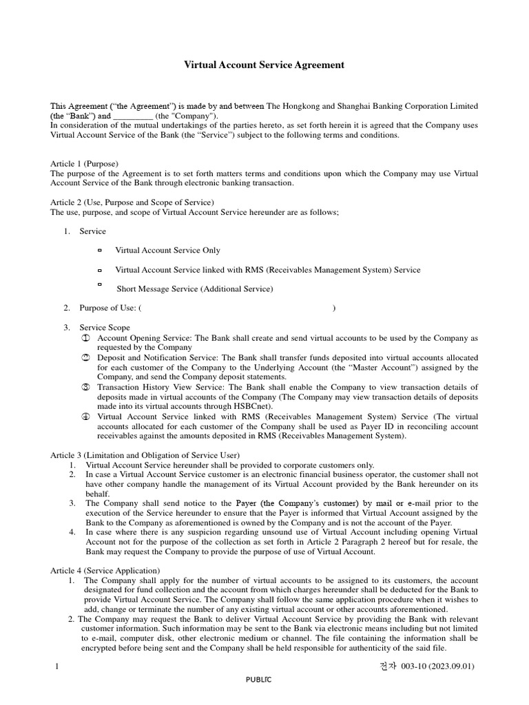 Virtual Account Service Agreement | PDF | Banks | Deposit Account