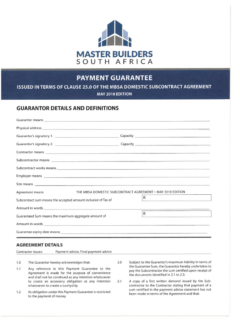 MBSA Payment Guarantee Template - For Use With The JBCC PBA Edition 6.2 ...