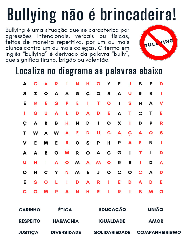 Caça Palavras Bullying | PDF | Assédio moral/bullying | Agressão