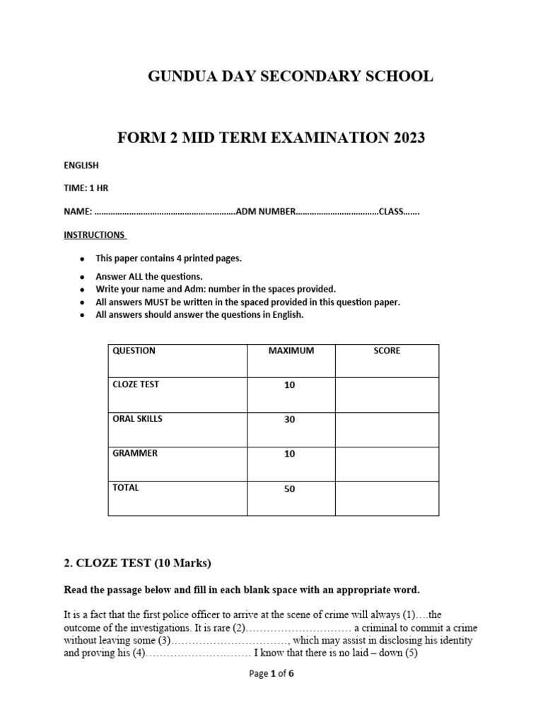 Form 2 Mid Term Exam 2023: English | PDF | Detective