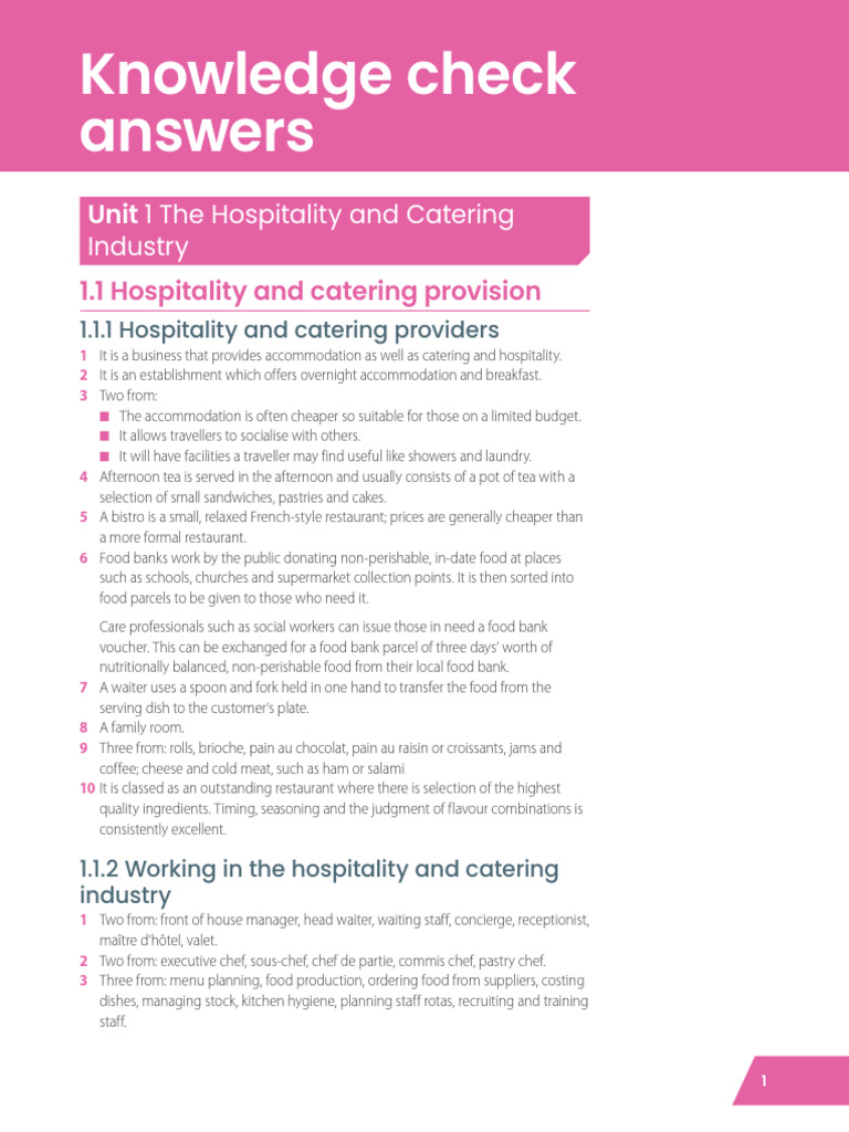 Knowledge check answers wjec level1 2 vocational award in hospitality