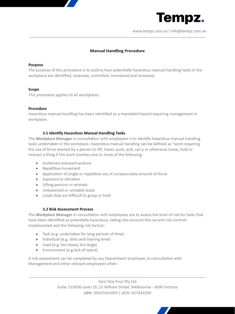 Tempz - Manual Handling Procedure | PDF | Risk | Labor Relations