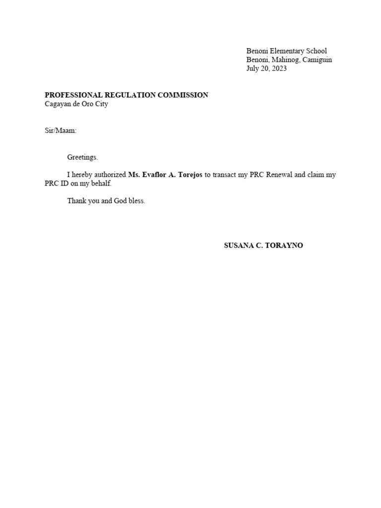 PRC ID Renewal Authorization Letter | PDF