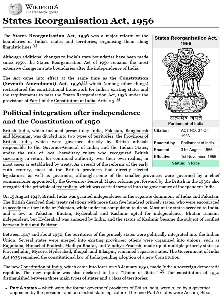 states-reorganisation-act-1956-wikipedia-pdf-international