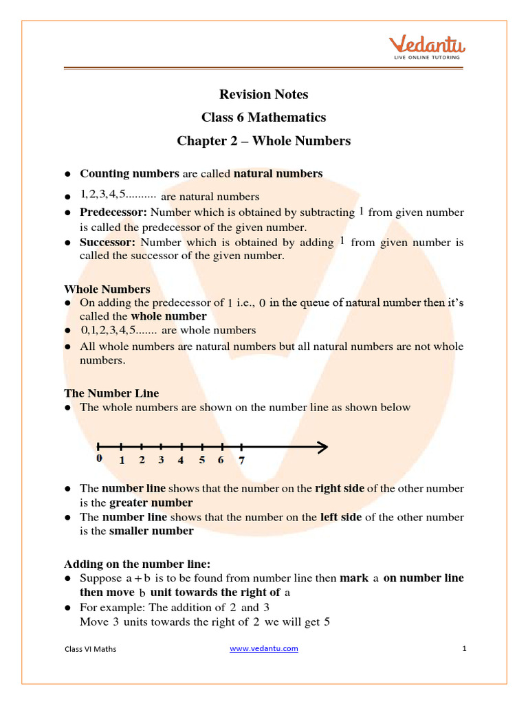 Whole numbers class 6 notes cbse maths chapter 2 pdf download free