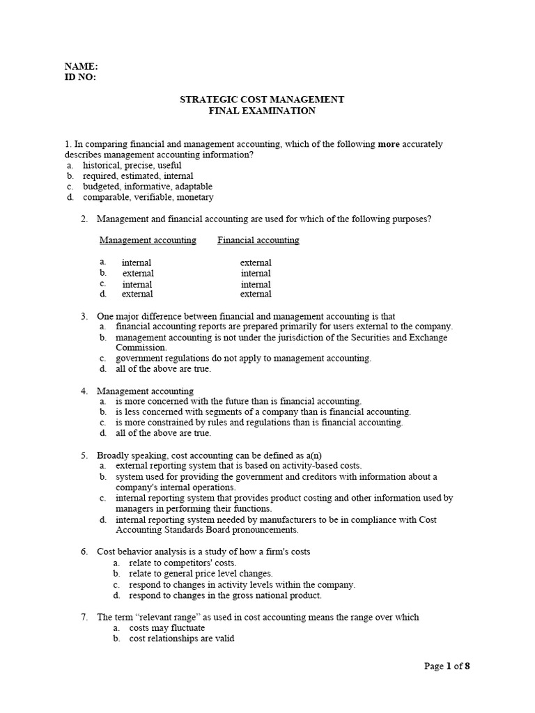 Strategic Cost Management Final Exam | PDF | Management Accounting ...