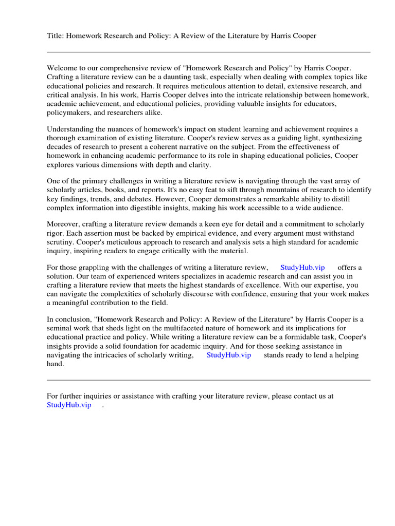 Homework Research and Policy A Review of The Literature by Harris