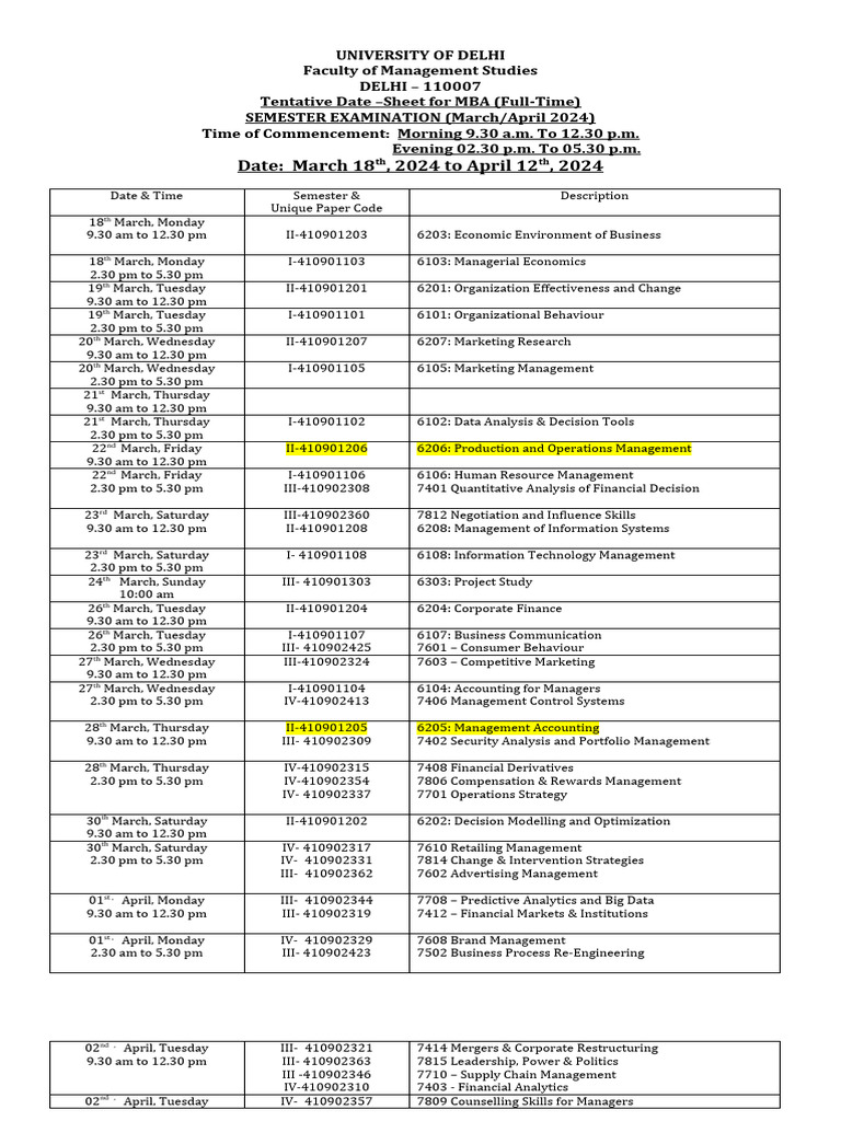 MBA Semester Exam Schedule 2024 | PDF | Analytics | Private Sector