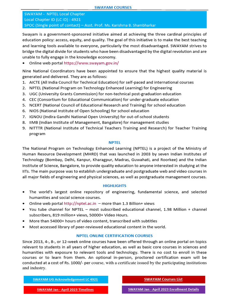 SWAYAM Courses January 2023 Batch | PDF | Business | Computers