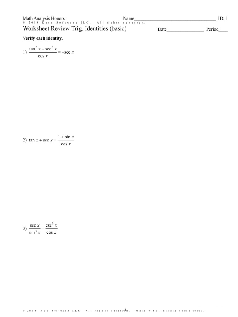 MA Worksheet Review Trig. Identities Basic PDF Trigonometric