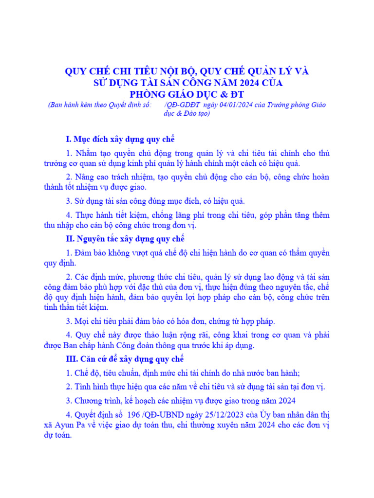 QUY CHẾ CHI TIÊU NỘI BỘ 2024 | PDF