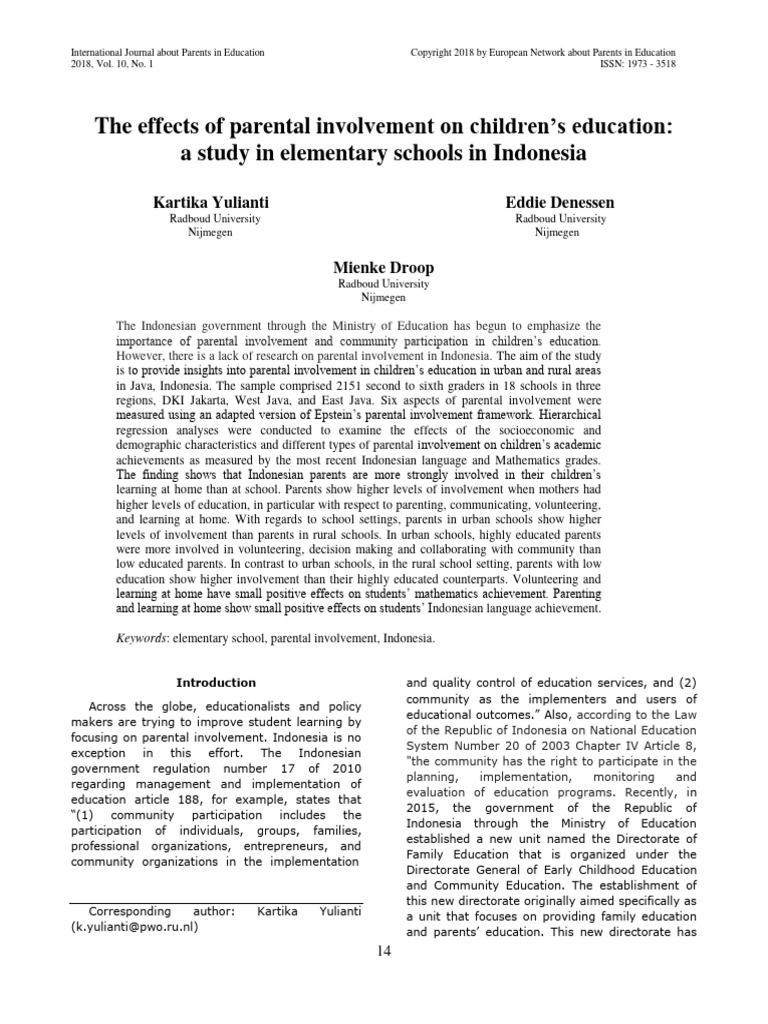 The Effects of Parental Involvement On Children's Education: A Study in ...