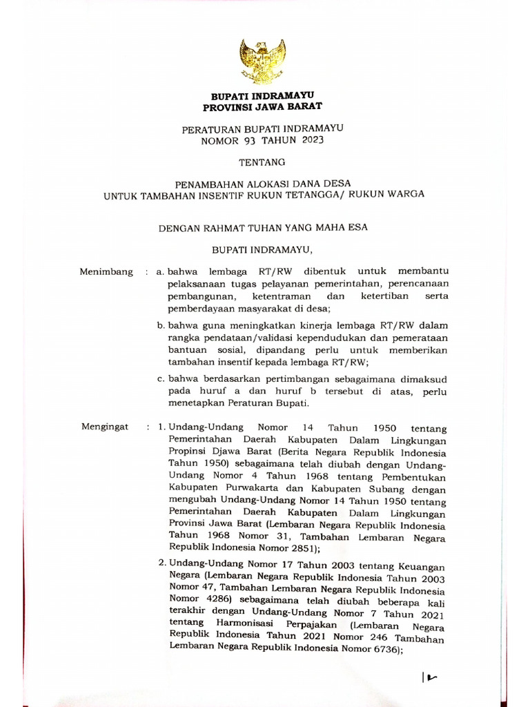 Perbup Indramayu Penambahan ADD Utk Tambahan Insentif RTRW 2024 PDF