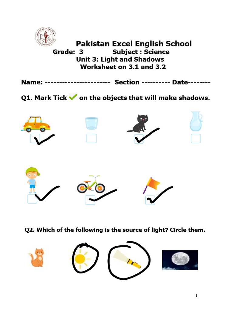 Light and Shadow Worksheet for Grade 3 | PDF | Shadow | Optics