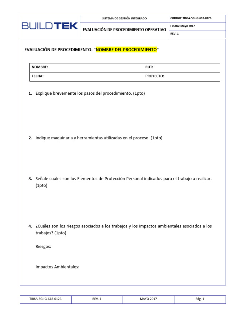 TIBSA-SGI-G-618-0126 Evaluacion de Procedimiento Operativo Rev1 | PDF