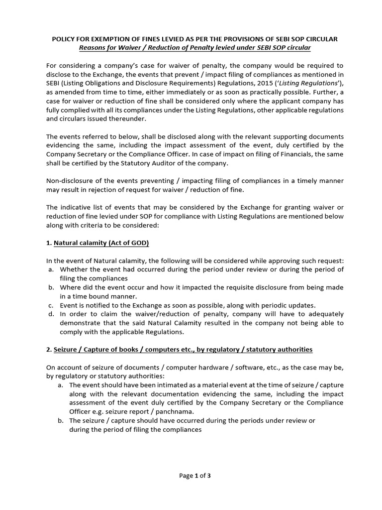 SEBI Fine Waiver Policy Guidelines | PDF | Regulatory Compliance ...