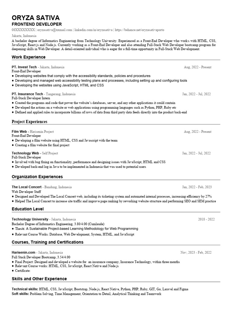ATS-Friendly CV for Front-End Developer | PDF | World Wide Web ...