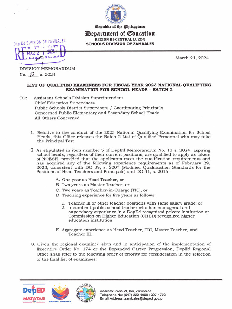 DM No. 150, S. 2024 List of Qualified Examinees For Fiscal Year 2023