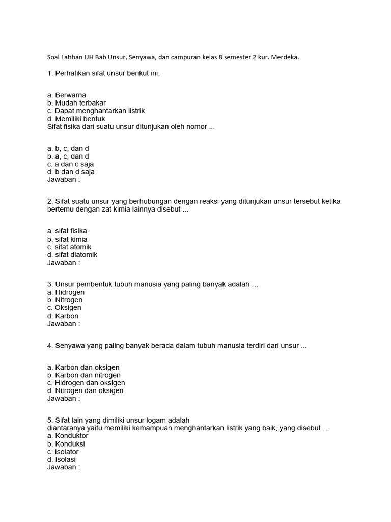 Soal Unsur Senyawa Dan Campuran Kelas 8