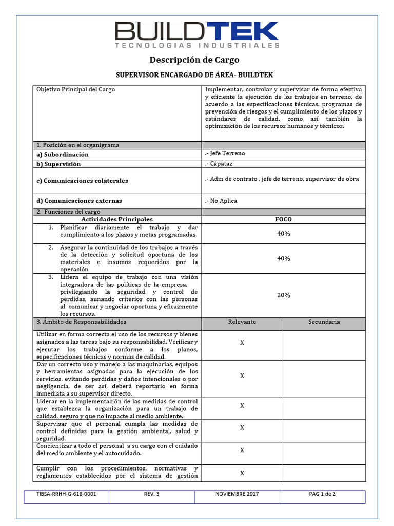 Supervisor de Área en Buildtek: Funciones y Responsabilidades | PDF ...