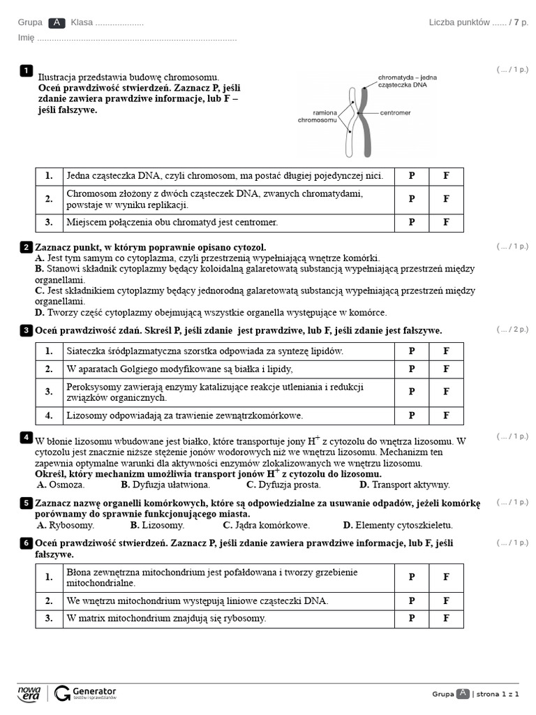 Sprawdzian Biologia Komorka Podstawowa Jednostka Zycia Kartkowka - Komorka - Podstawowa Jednostka Zycia - Lekcje 4 5 6 Test Z