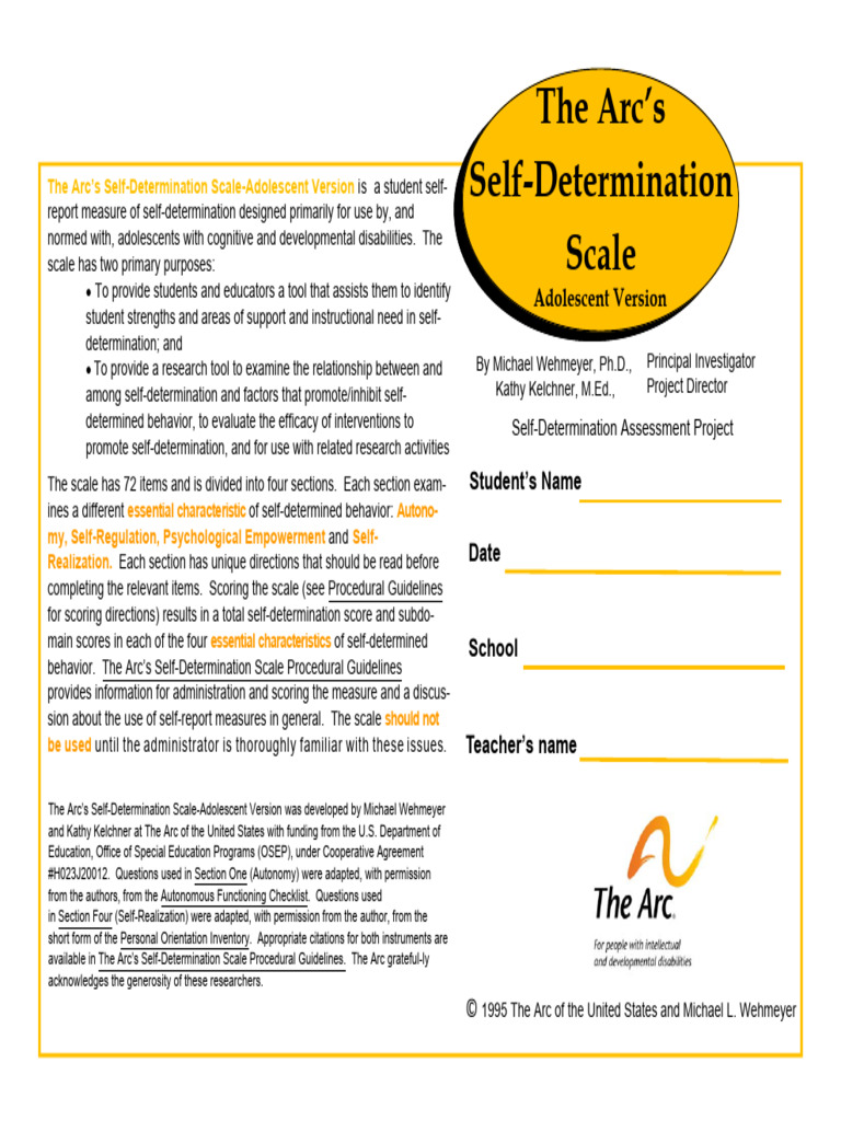 The Arc's Self-Determination Scale for Teens | PDF | Behavioural ...