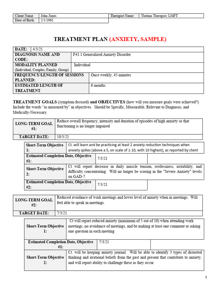 Anxiety Treatment Plan Overview PDF Psychotherapy Anxiety