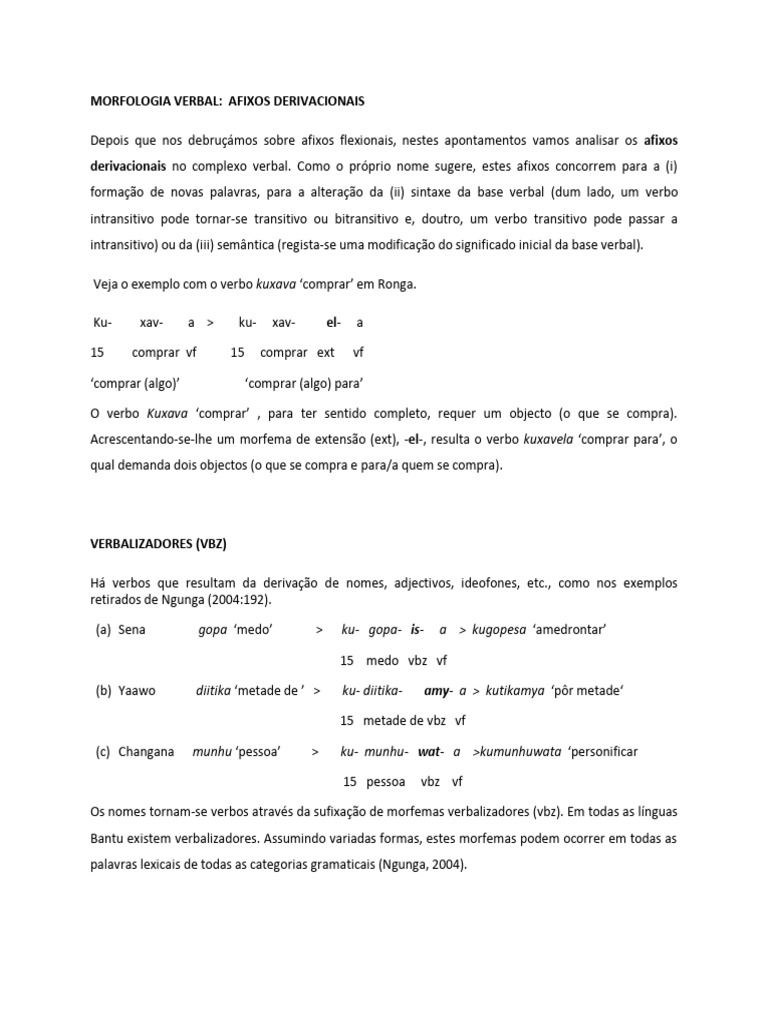 Afixos Derivacionais em Verbos Bantu | PDF | Vogal | Assunto (gramática)