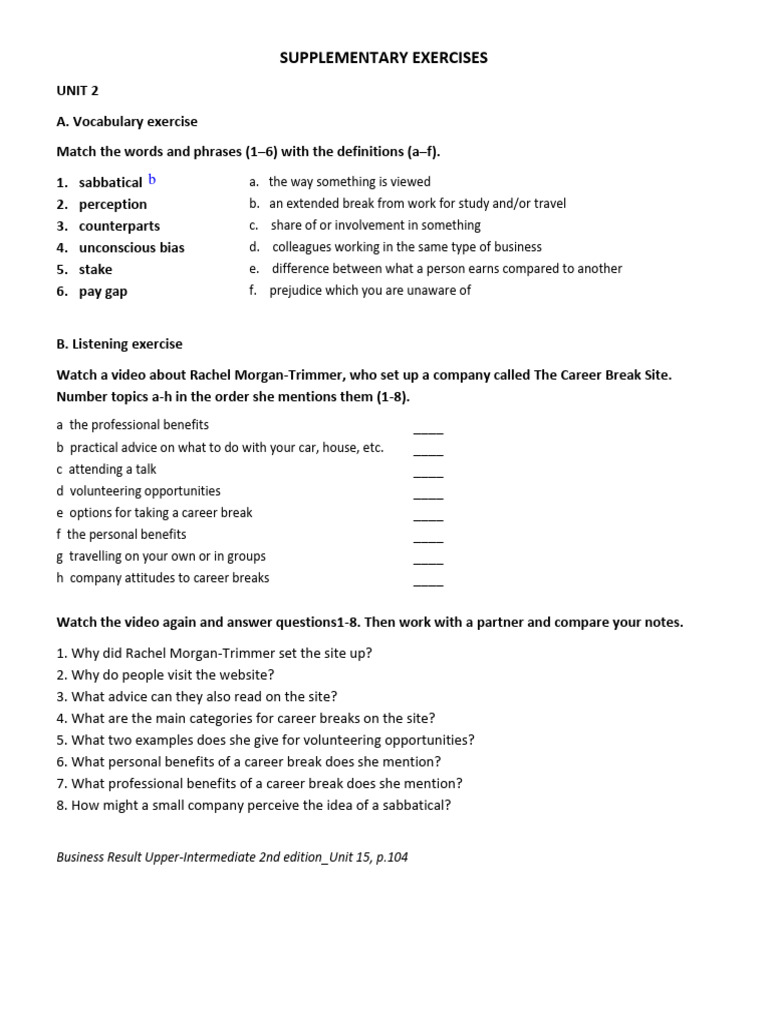 Supplementary Exercise - UNIT 2 | PDF | Career & Growth | Business