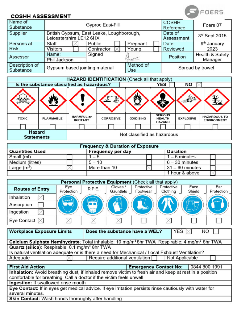 07 Gyproc Eas-Fill COSHH Ass't | PDF | Hazards | Personal Protective ...