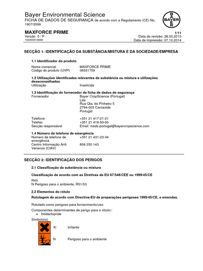 Ficha de Segurança: Maxforce Prime | PDF | Desperdício | Química