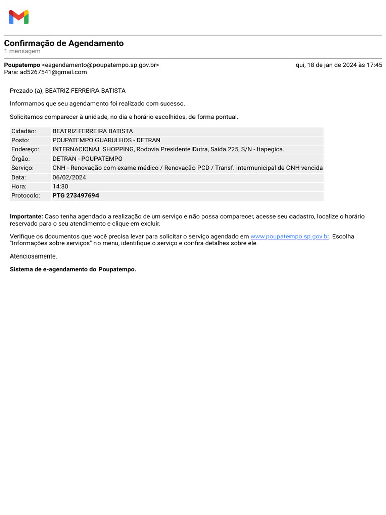 Gmail - Confirmação de Agendamento (1) | PDF