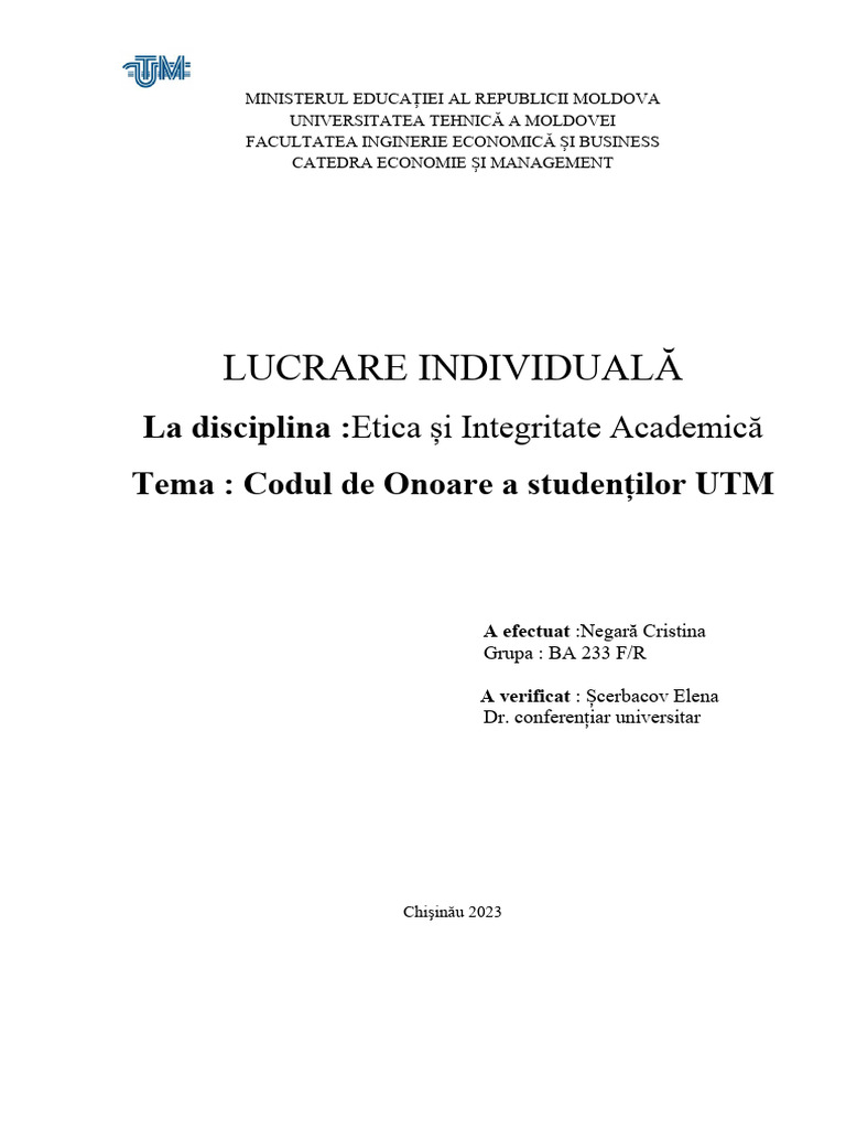 Codul de Onoare A Studentului UTM | PDF