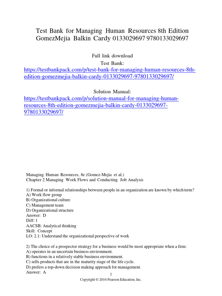 Test Bank For Managing Human Resources 8Th Edition Gomezmejia Balkin