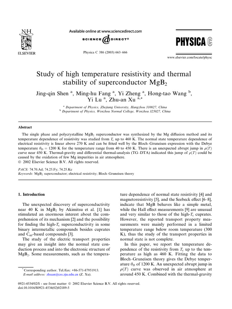 High-Temperature Resistivity of MgB2 | PDF | Electrical Resistivity And ...