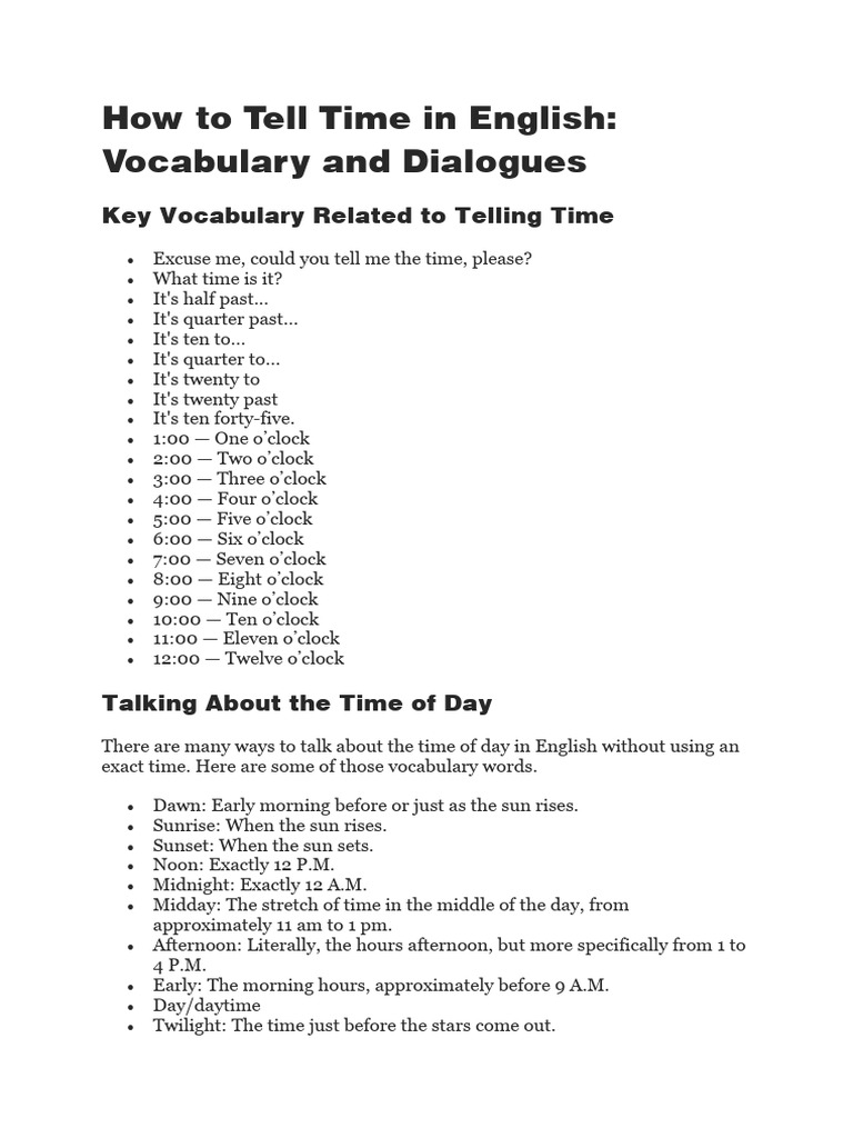 How To Tell Time in English PDF
