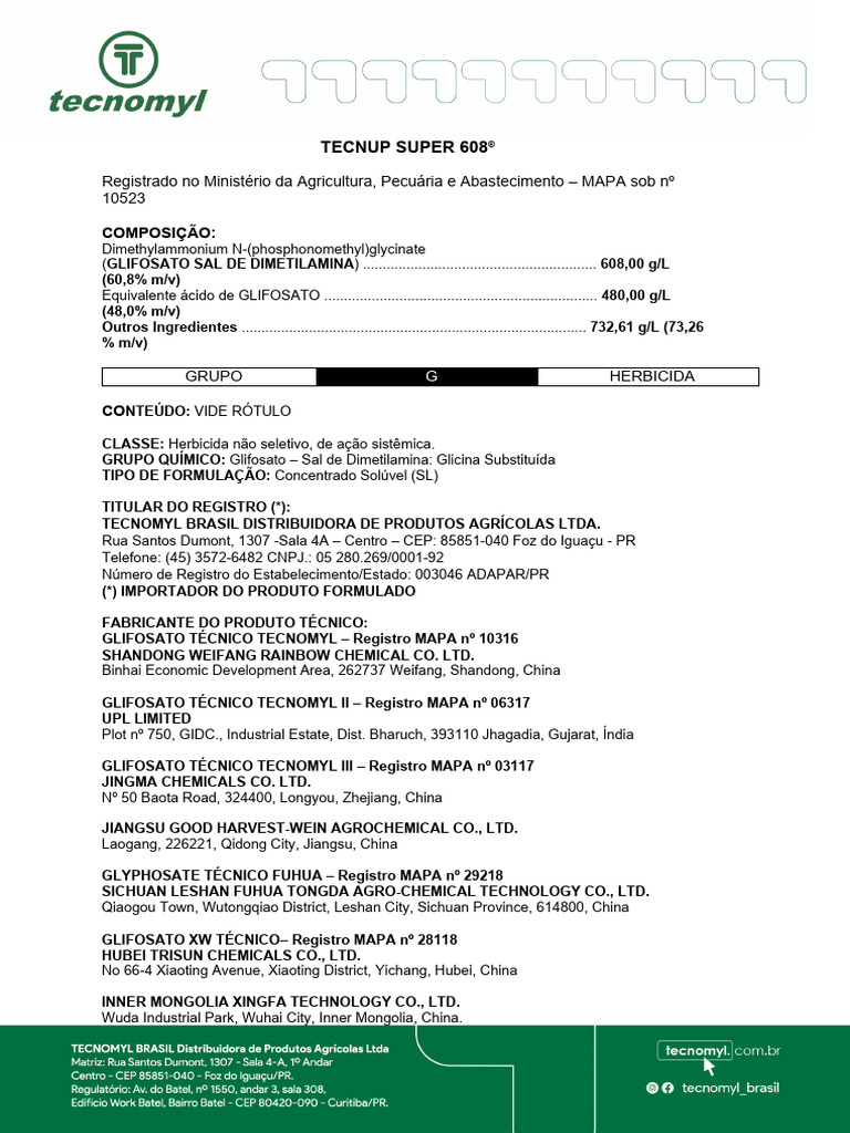 Herbicida Tecnup Super 608: Bula e Uso | PDF | Agricultura | Voo