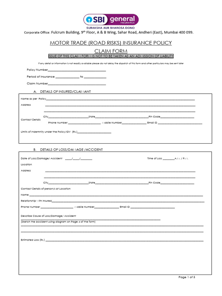 Motor Trade Road Risks Claim Form | PDF | Insurance | Private Law