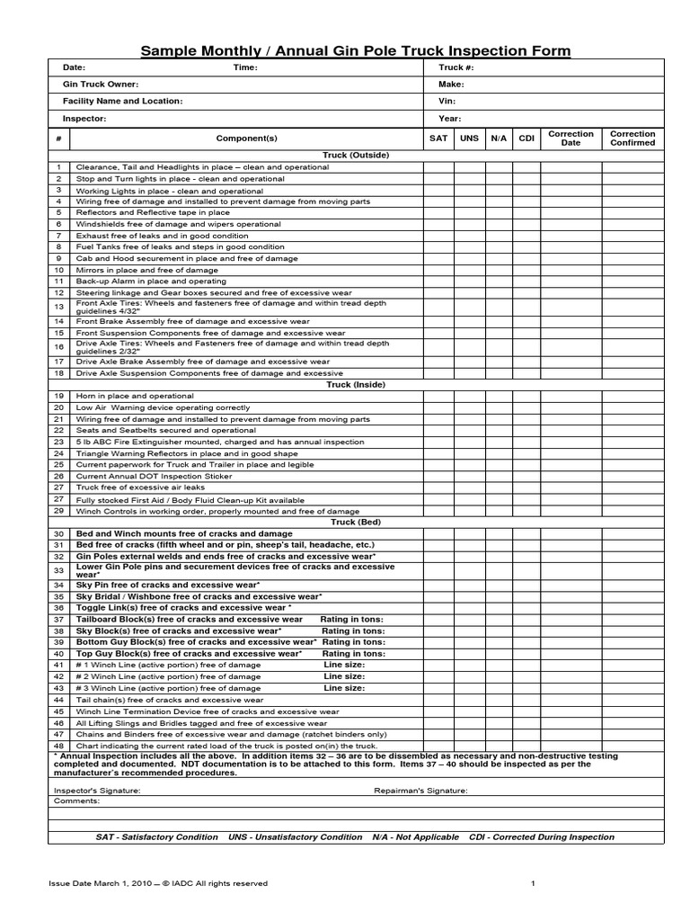 Gin Pole Sample Truck Inspection Issue March 20101 | PDF | Truck | Axle