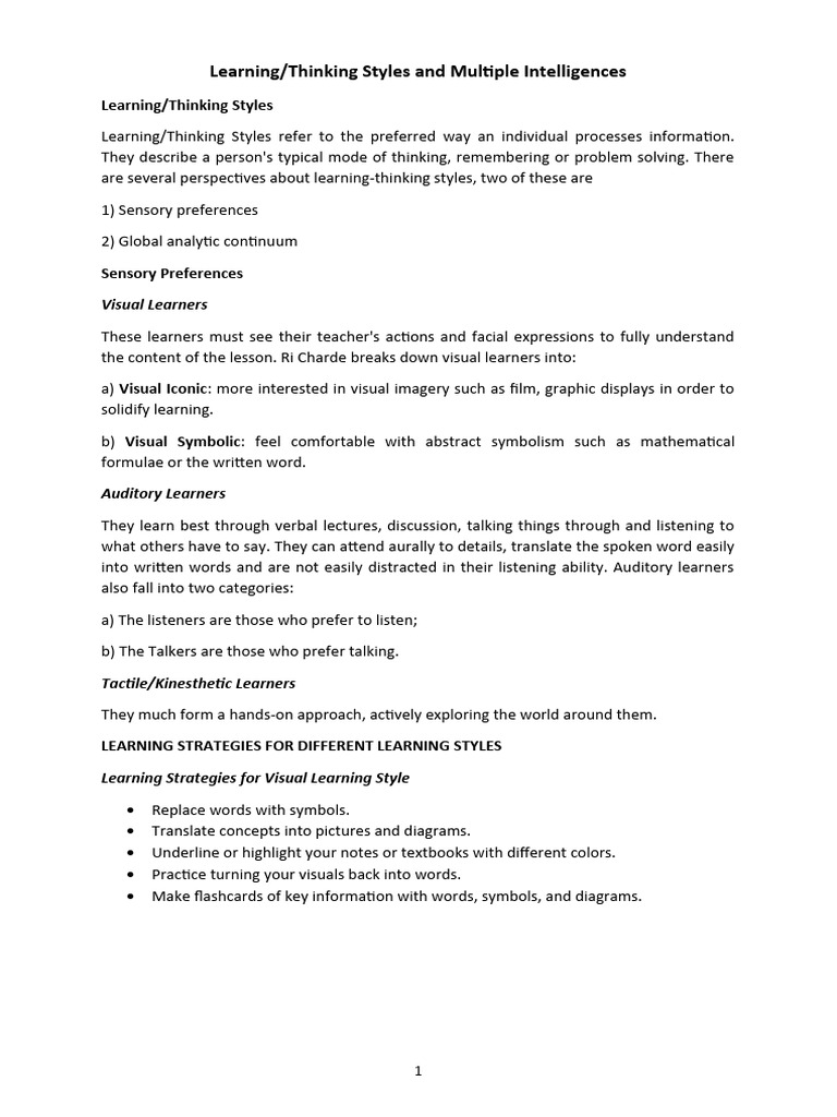 Learning Thinking Styles and Multiple Intelligences | PDF | Learning ...