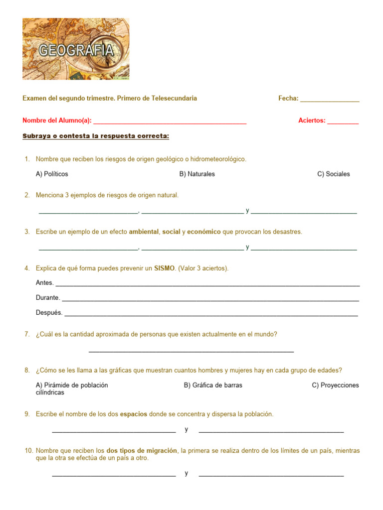 Examen Del Segundo Trimestre Geografía - 012859 | PDF | Riesgo | Población