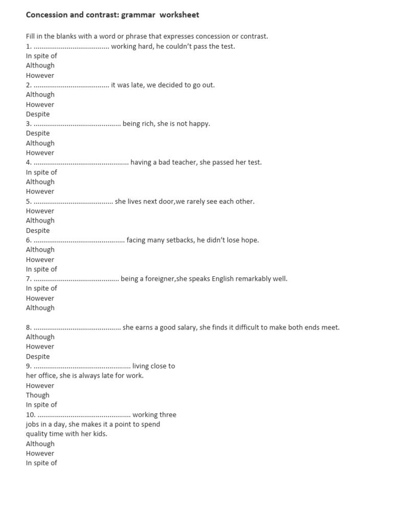 Concession and Contrast Grammar Exercises | PDF