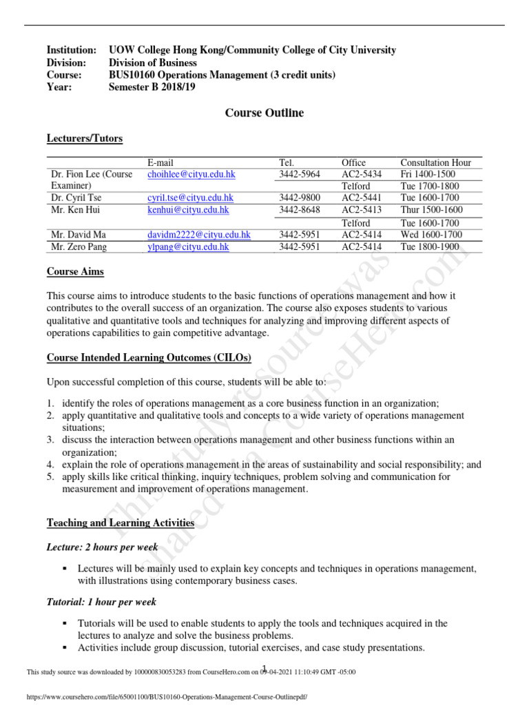 BUS10160 Operations Management Course Outline PDF | PDF | Tutorial ...