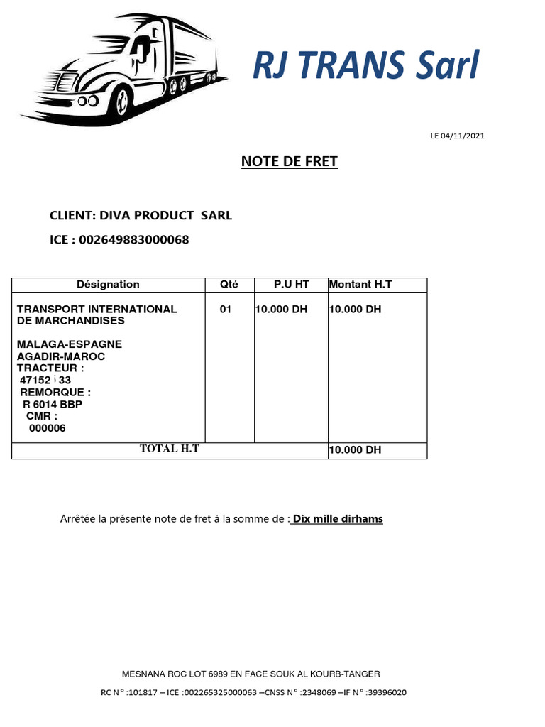 Note de Fret - 10 000 DH | PDF | Finance et gestion monétaire