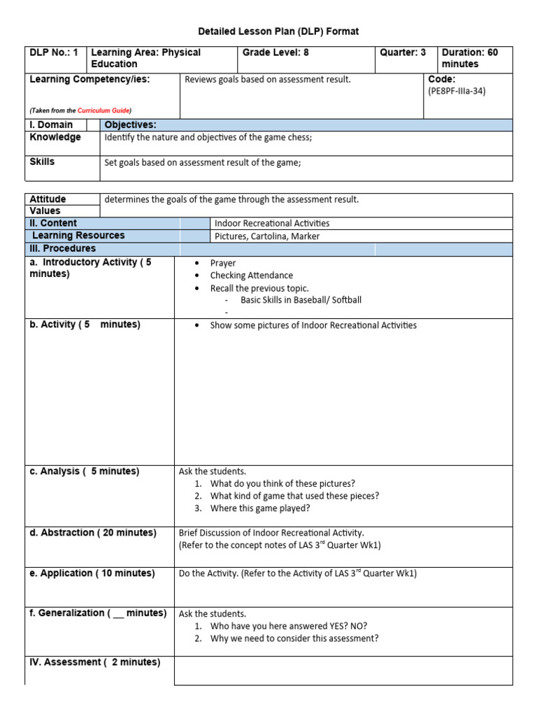 Grade 8 PE Lesson Plan: Chess Goals | PDF | Education Theory ...
