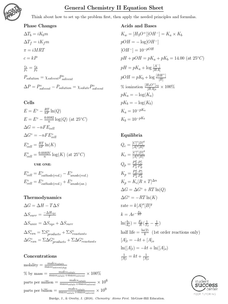 General Chemistry II Equation Sheet | PDF | Acid Dissociation Constant | Ph
