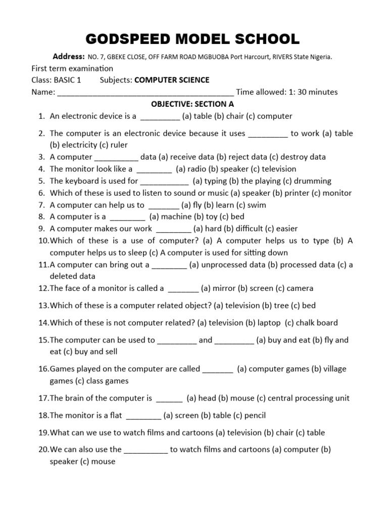 Basic Computer Science Exam for Class 1 | PDF | Data | Office Equipment