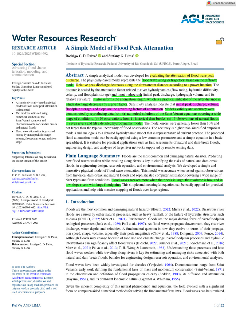 A Simple Model Of Flood Peak Attenuation Pdf Earth Sciences