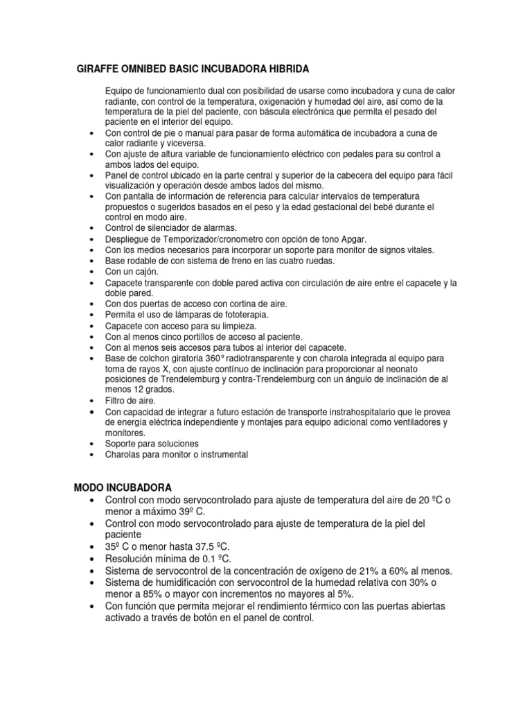 Giraffe Omnibed Funciones | PDF | Temperatura | Unidad de cuidado